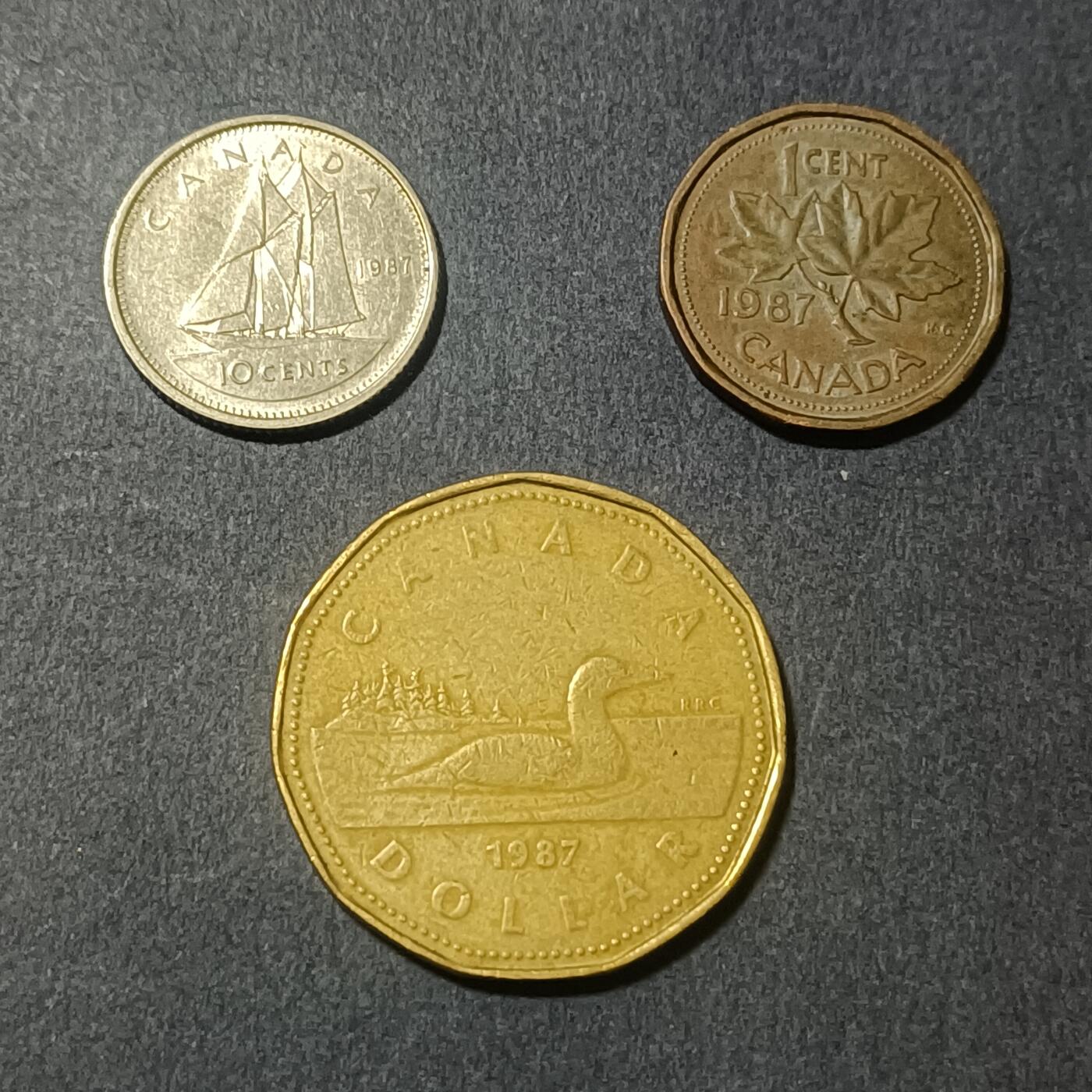 【游宝包邮场】蛇年第102期 英系国家硬币 加拿大-1元/10分/1分 1987年