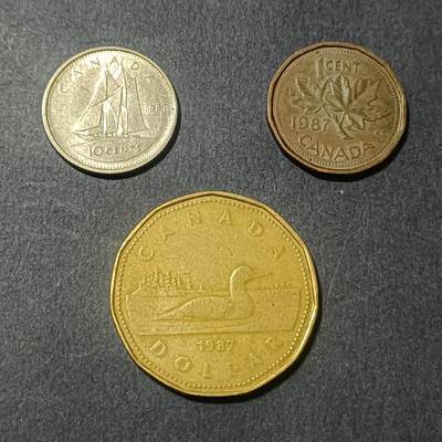 【游宝包邮场】蛇年第102期 英系国家硬币 - 加拿大-1元/10分/1分 1987年