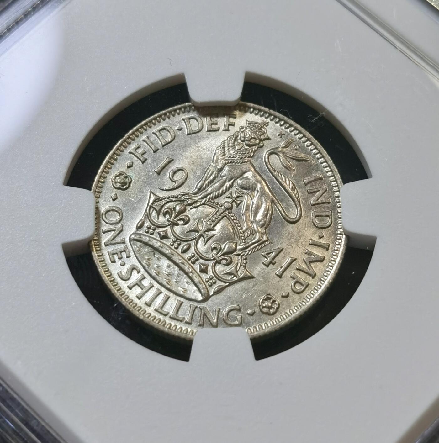 甄臻铺-世界币章拍卖（第45期）精品场拍品征集中，送拍享返佣金等优惠多多 NGC-MS62 英国1941乔治六世先令银币，英格兰版，UNC状态好