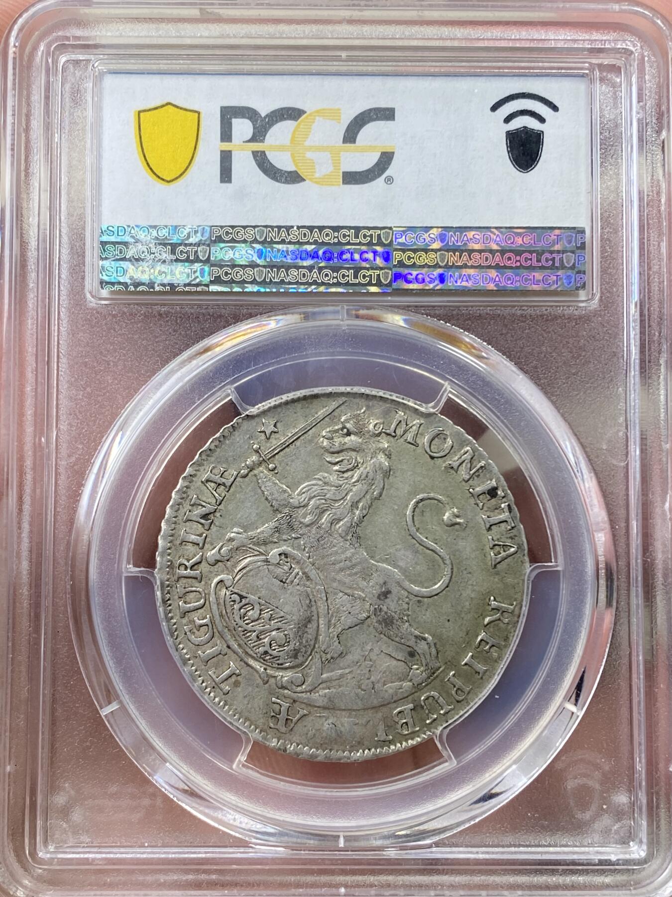 万国钱币拍卖第058期（万国新年大拍） PCGS AU53 1768年瑞士联邦苏黎世城市景观1/2泰勒 瑞士景观泰勒名品之一 苏黎世城市象征雄狮持剑威武 原味好状态