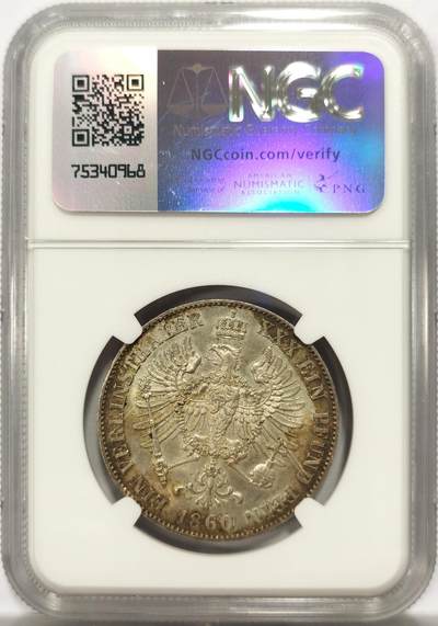 博洋堂世界钱币拍卖第154期（全场包邮） NGC MS64 德国普鲁士1860年威廉四世离冠1泰勒银币，极美包浆