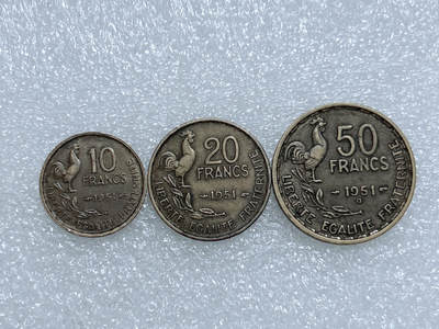 第一海外回流一元起拍收藏 散集专场  第282期 - 法国1951年高卢鸡2硬币3枚套
