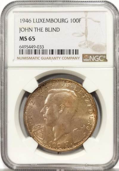博洋堂世界钱币拍卖第154期（全场包邮） - NGC MS65 卢森堡1946年盲人约翰战死600周年纪念100法朗马剑银币，原汁原味极美黄油彩包浆，包浆醇厚，状态一流。