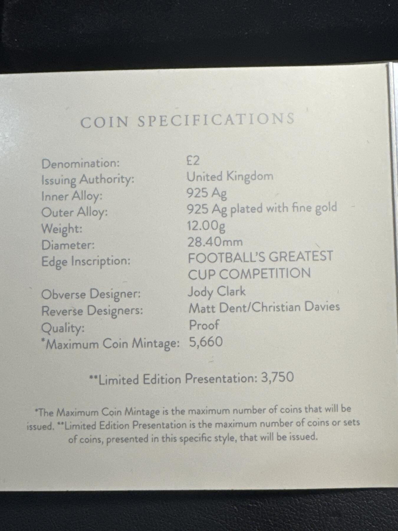 ❤️【币观天下】❤️ 第336期钱币拍卖- 2025.12.26周五晚上6点半场-长期征集拍品 英国2022年 足总杯 2英镑镀金双色纪念银币(有氧化) 盒证全 