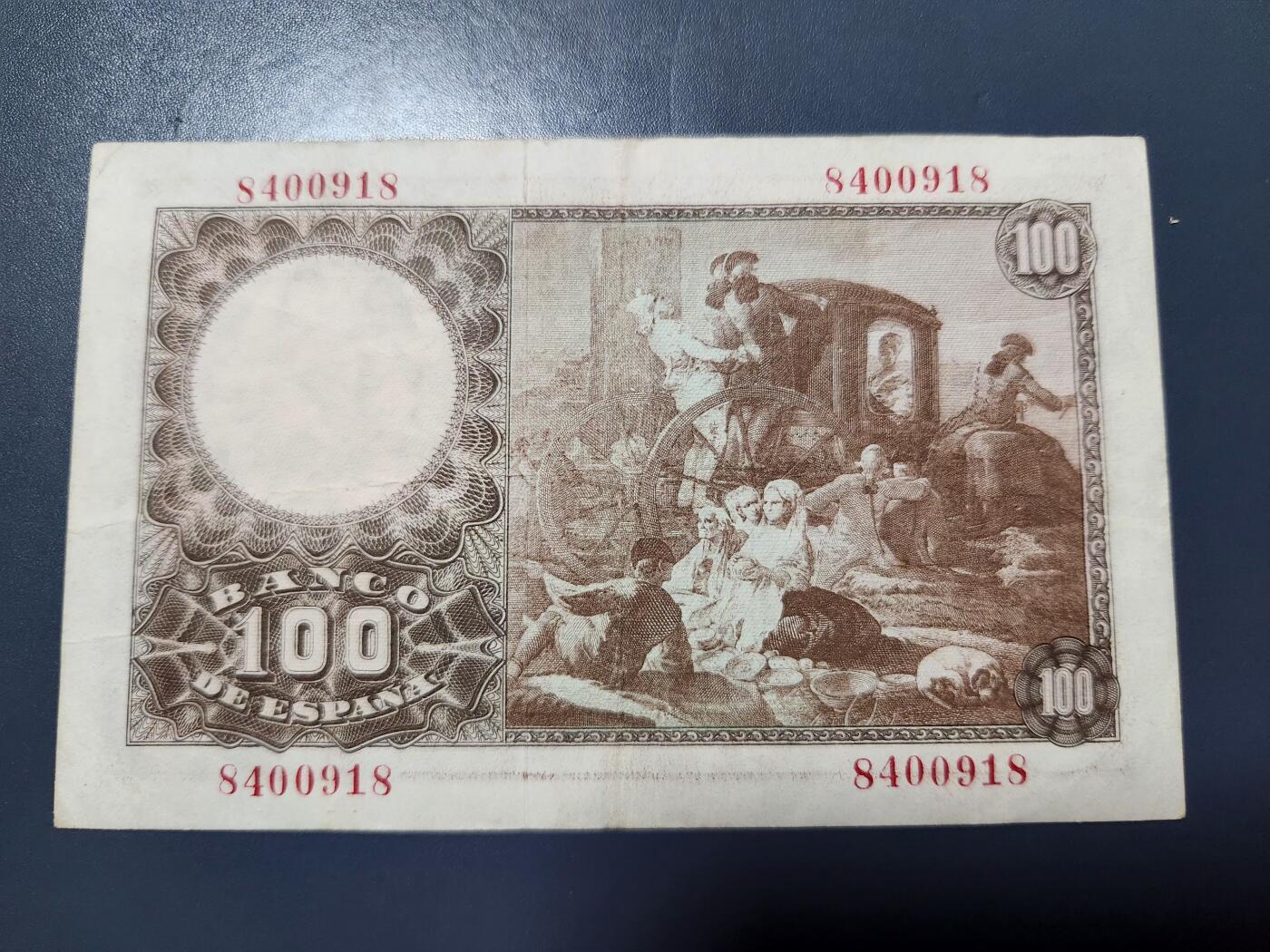 12月24号晚上8点 外国纸币自动截拍第76场 西班牙1948年版100比塞塔 纸币 美品