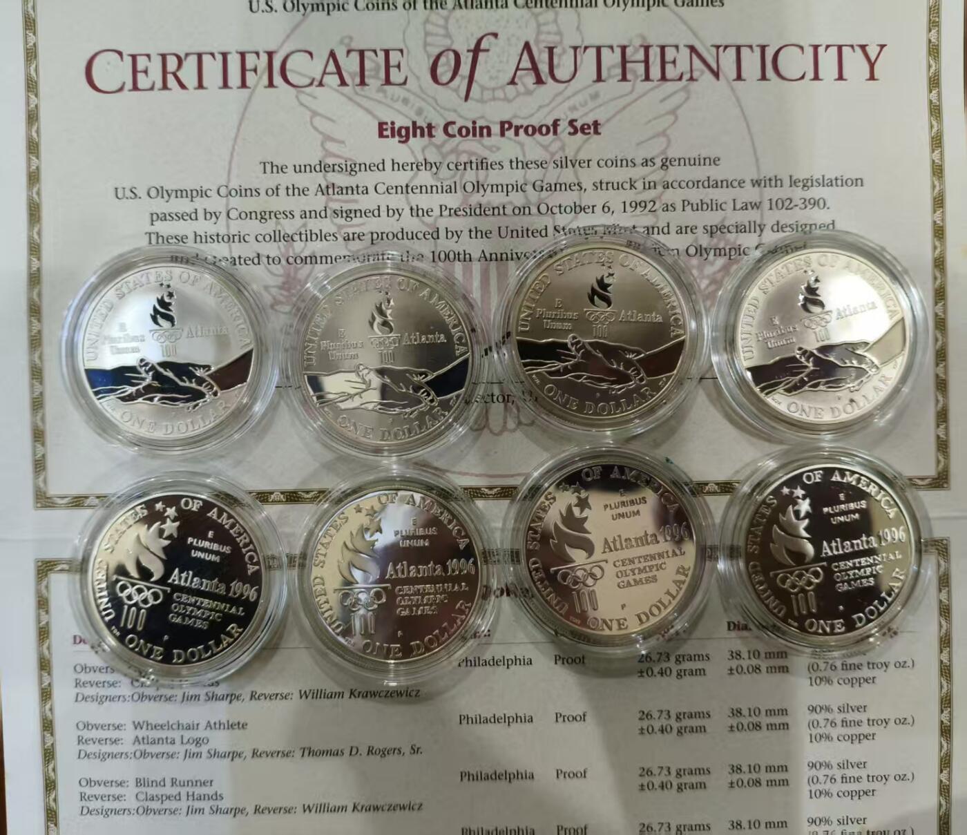 ❤️【币观天下】❤️ 第336期钱币拍卖- 2025.12.26周五晚上6点半场-长期征集拍品 美国1996年亚特兰大奥运会既奥运百年一美元精制套币 含一套8枚精制银币+一枚体操铝制纪念章，盒证齐全