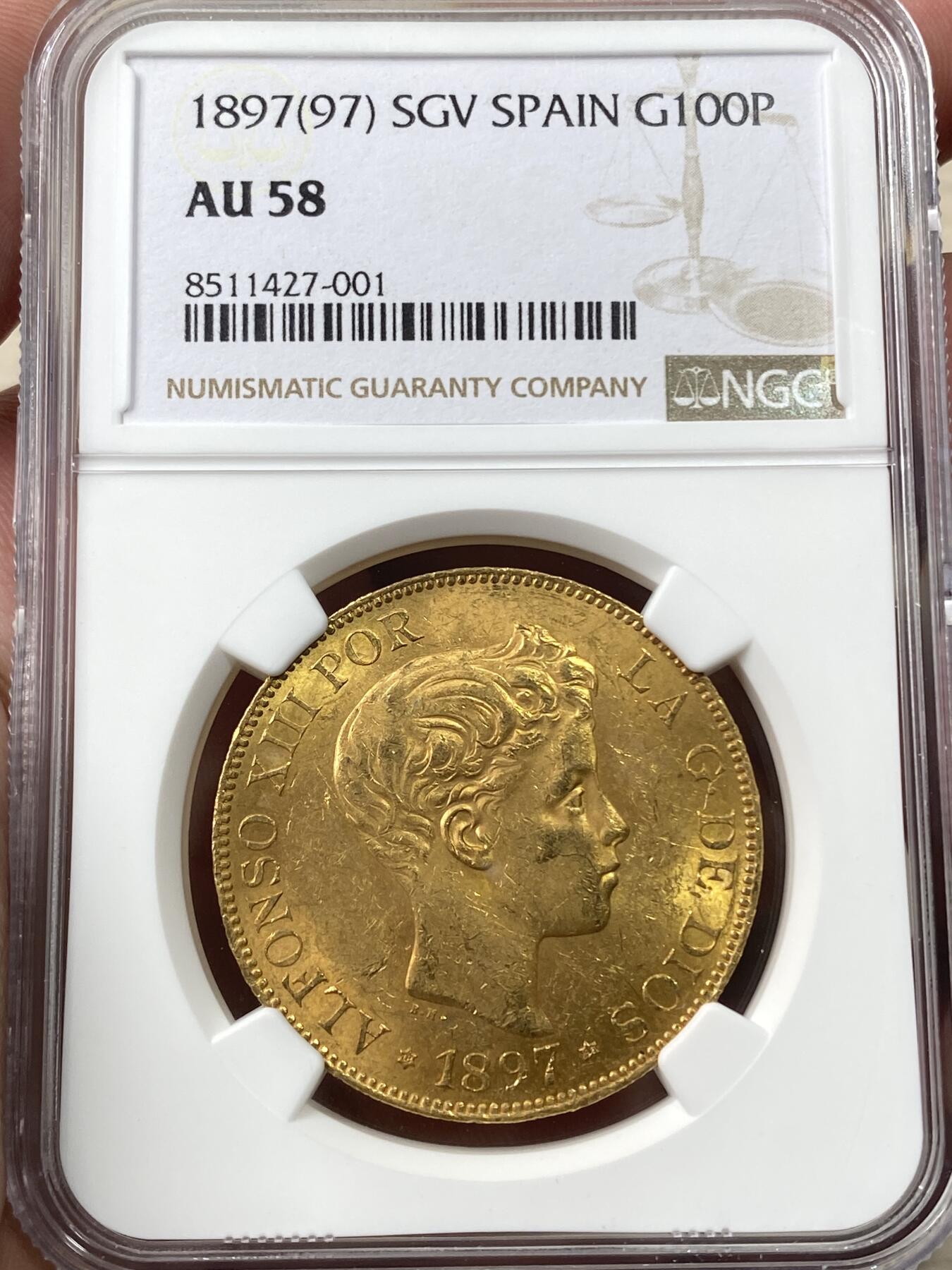 万国钱币拍卖第058期（万国新年大拍） NGC AU58 1897年西班牙国王阿方索十三世国王少年头像100比塞塔原铸大金币 马德里造币厂铸 常见多为后铸 系列最大面值 金光满满 32g大金饼 900金