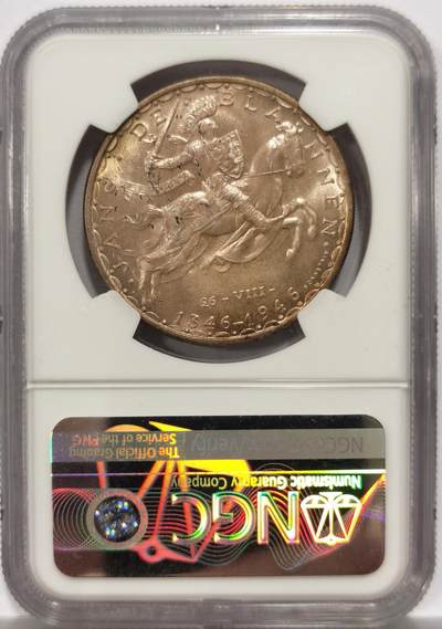 博洋堂世界钱币拍卖第154期（全场包邮） NGC MS65 卢森堡1946年盲人约翰战死600周年纪念100法朗马剑银币，原汁原味极美黄油彩包浆，包浆醇厚，状态一流。