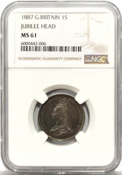 博洋堂世界钱币拍卖第154期（全场包邮） - NGC MS61 英国1887年维多利亚女王高冠1先令银币，原汁原味老五彩，包浆醇厚。味道绝，人物，头像，图案栩栩如生，小巧精致，孔雀蓝五彩包浆。