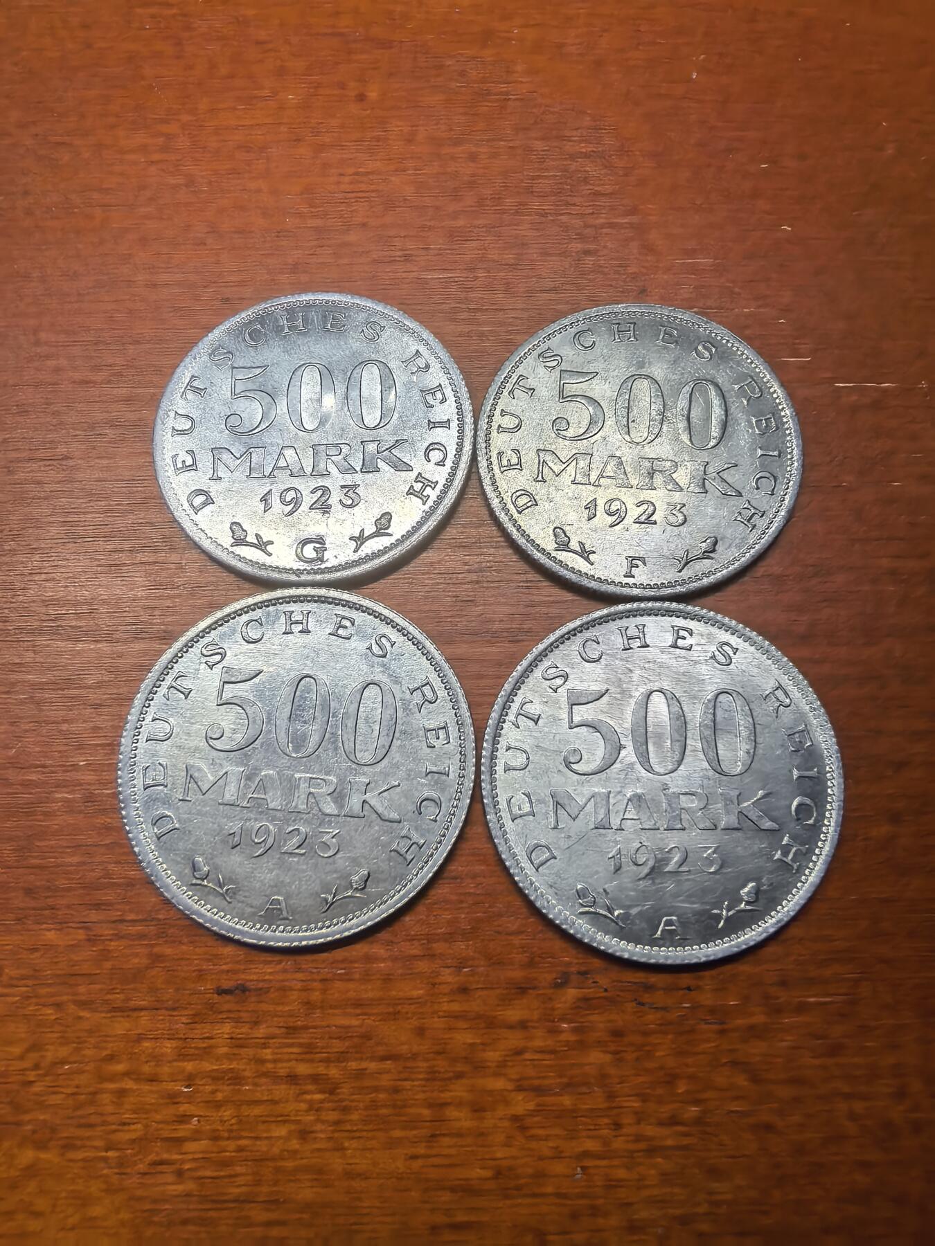 长老汇蛇年精选第八十七场拍卖 1923魏玛德国500马克铝币4枚3个厂，克书MS60分12美金，未流通品