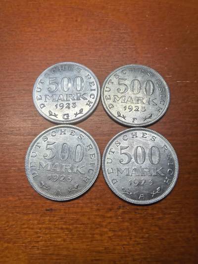 长老汇蛇年精选第八十七场拍卖 - 1923魏玛德国500马克铝币4枚3个厂，克书MS60分12美金，未流通品