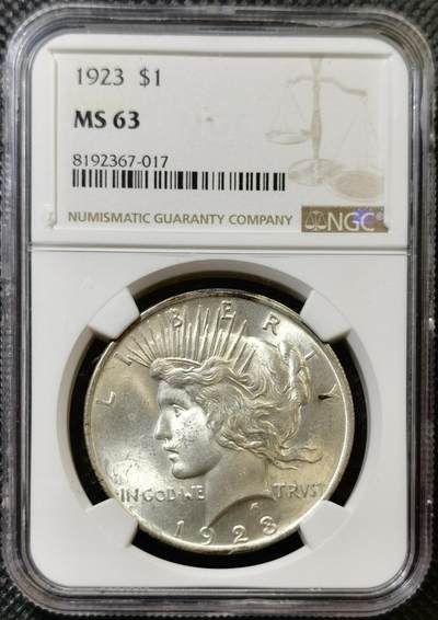 甄臻铺-世界币章拍卖（第45期）精品场拍品征集中，送拍享返佣金等优惠多多 - NGC-MS63 1923年美国和平银币，光度很好，低评了，高性价比