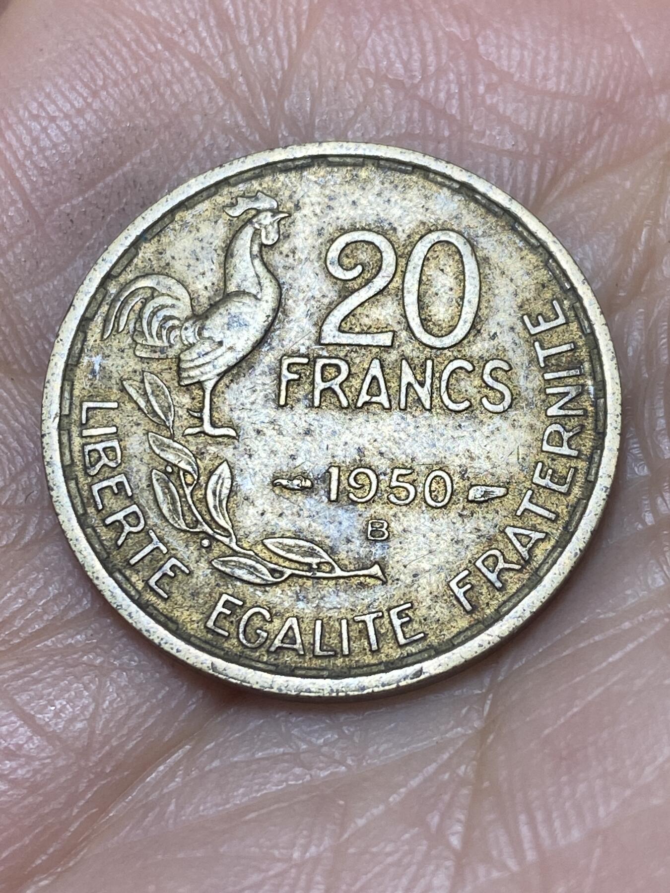 2025年第一百四十场(总第一百六十六场）外国好品散币场(免佣金) 法兰西第四共和国1950年20法郎(头像后单排字首发年，4羽版，B标博蒙莱罗热造)