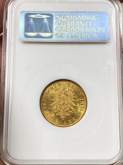 万国钱币拍卖第058期（万国新年大拍） NGC MS65 1878年德国汉堡自由市流通短翅20马克金币 经典汉堡自由市早期双狮短翅 无论光度还是底板都无可挑剔的近GEM品质  NGC老白盒典藏级 7.96g 900金