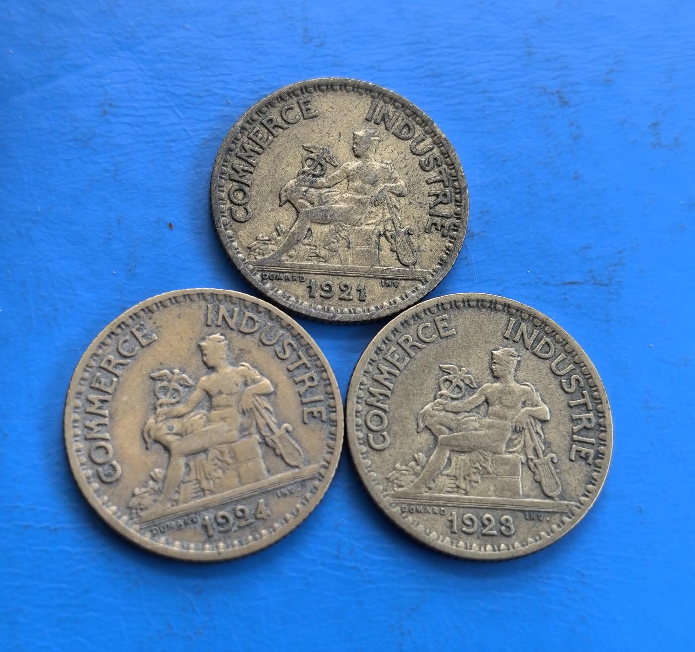 外国优质老铜币高银银币，周六九点倒数截拍，满百包邮，持续收拍 法国1921年-1924年商务部1法郎3枚