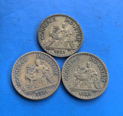 外国优质老铜币高银银币，周六九点倒数截拍，满百包邮，持续收拍 - 法国1921年-1924年商务部1法郎3枚