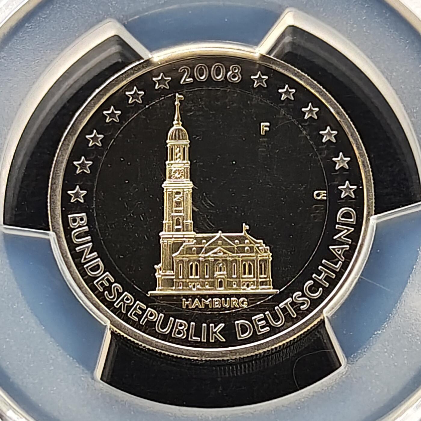 【全场包邮】纯粹捡漏拍489场（免费代拍第26场） 【收藏级】德国2008年2欧元州币系列汉堡联邦州圣米迦勒斯教堂F厂双色精制纪念币-PCGS PR67 DCAM（更高分仅3枚）