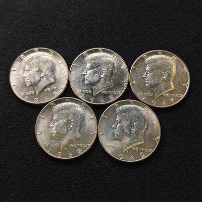 【全场包邮】纯粹捡漏拍489场（免费代拍第26场） - 美国1966-1969年不同年份肯尼迪半元（30.6毫米11.5克）银币5枚一组