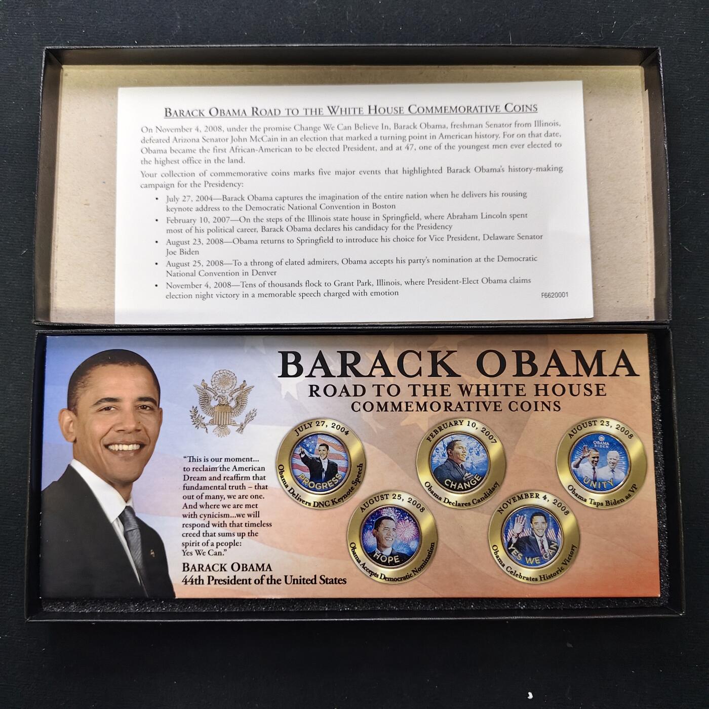 【全场包邮】纯粹捡漏拍489场（免费代拍第26场） 【收藏品】美国44任总统奥巴马通往白宫之路彩色覆盖原币5枚纪念套装-盒证全