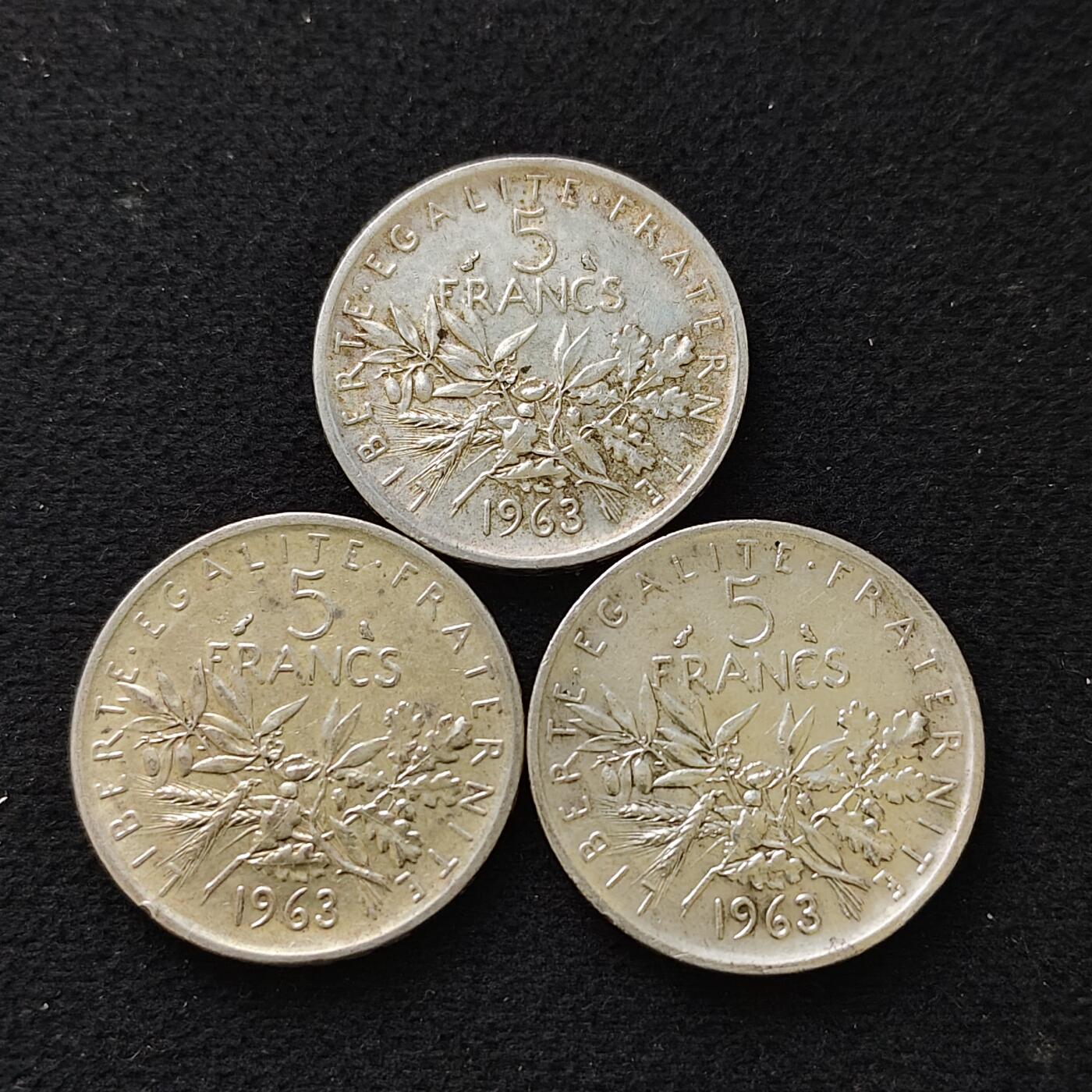 【全场包邮】纯粹捡漏拍489场（免费代拍第26场） 法国1960年5法郎（29毫米12克）银币3枚一组（银价约450）