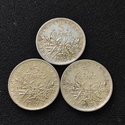 【全场包邮】纯粹捡漏拍489场（免费代拍第26场） - 法国1960年5法郎（29毫米12克）银币3枚一组（银价约450）