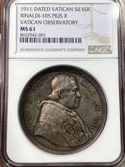 万国钱币拍卖第058期（万国新年大拍） - NGC MS61 1911年梵蒂冈教皇国庇护十世第八届新梵蒂冈天文台纪念大银章 罗马造币厂铸 原味火烧云均匀虹彩包浆