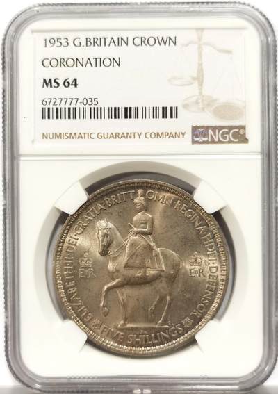 博洋堂世界钱币拍卖第154期（全场包邮） - NGC MS64 英国1953年伊丽莎白二世女王登基纪念克朗，原汁原味老包浆，包浆醇厚舒适，状态极佳。