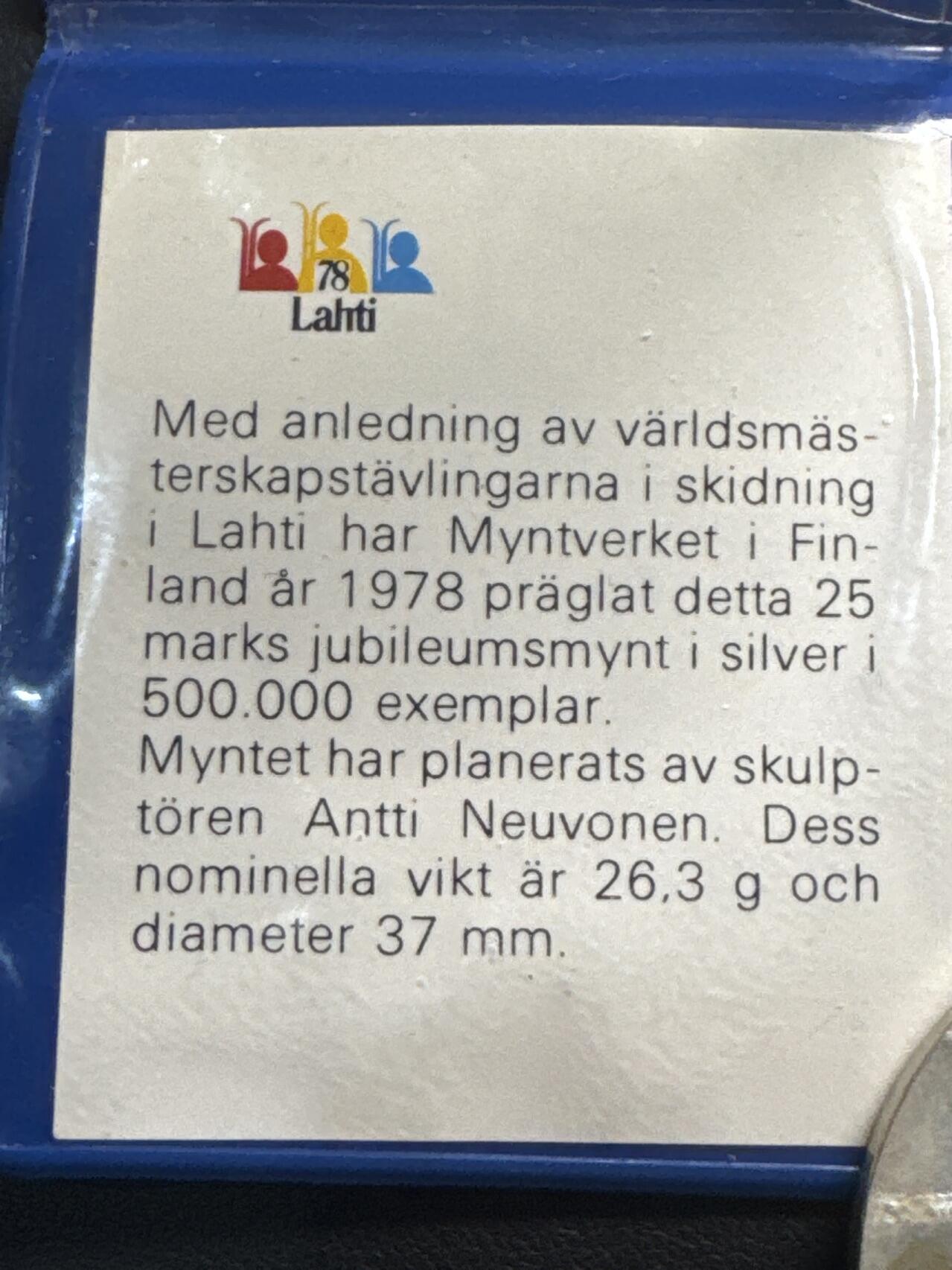 ❤️【币观天下】❤️ 第336期钱币拍卖- 2025.12.26周五晚上6点半场-长期征集拍品 稀少 芬兰早期原包装带证书1978年第十二届北欧滑雪锦标赛纪念银币26.3克