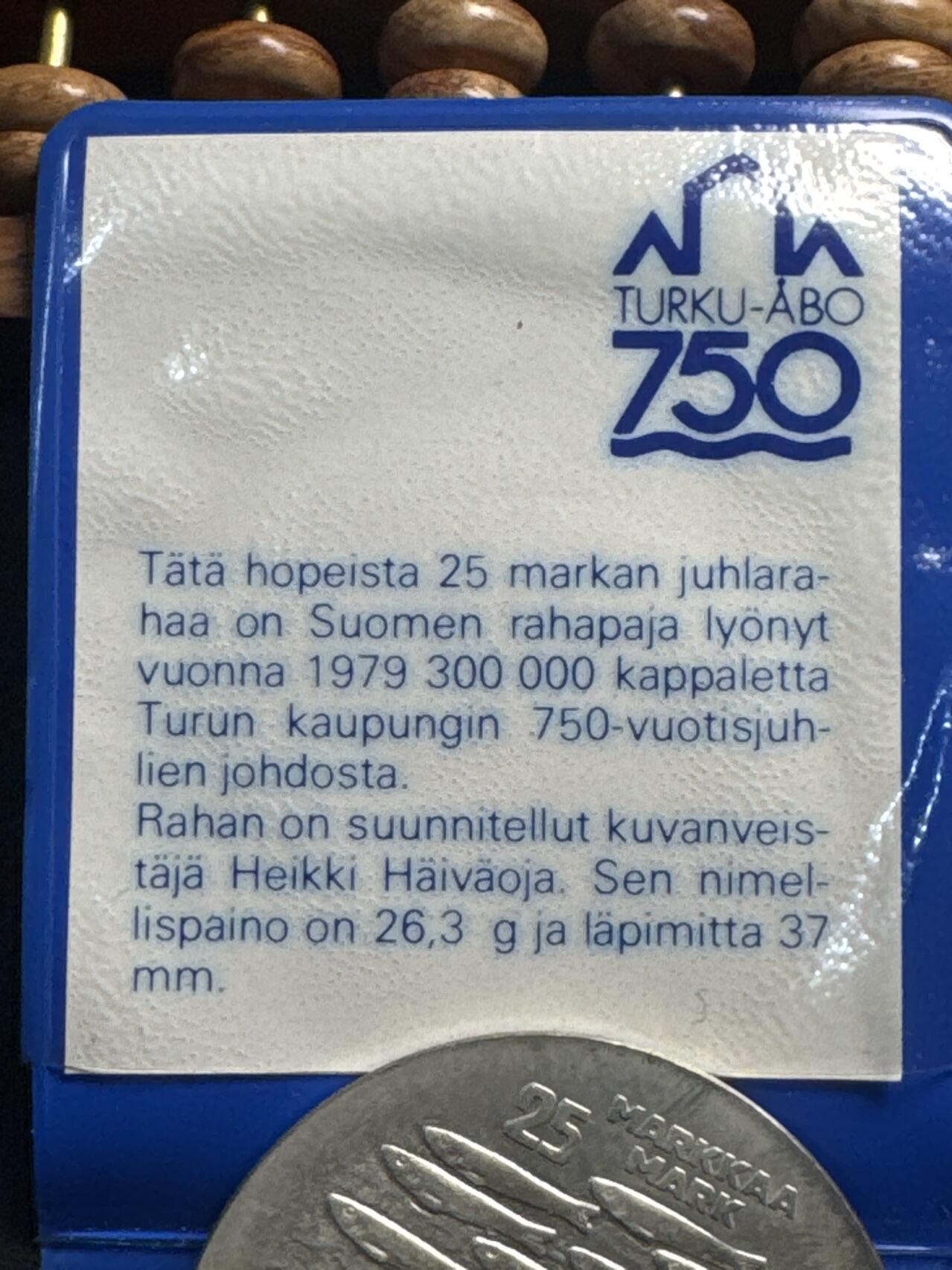 ❤️【币观天下】❤️ 第336期钱币拍卖- 2025.12.26周五晚上6点半场-长期征集拍品 稀少 芬兰早期原包装带证书1979年图尔库城市建立750年纪念银币26.3克