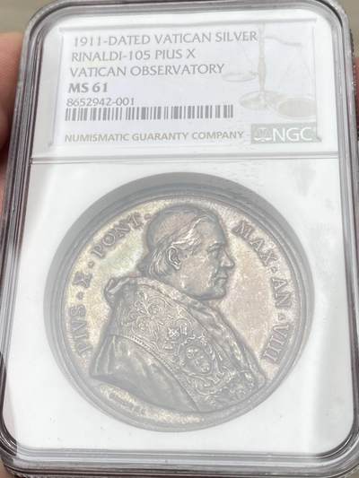 万国钱币拍卖第058期（万国新年大拍） NGC MS61 1911年梵蒂冈教皇国庇护十世第八届新梵蒂冈天文台纪念大银章 罗马造币厂铸 原味火烧云均匀虹彩包浆