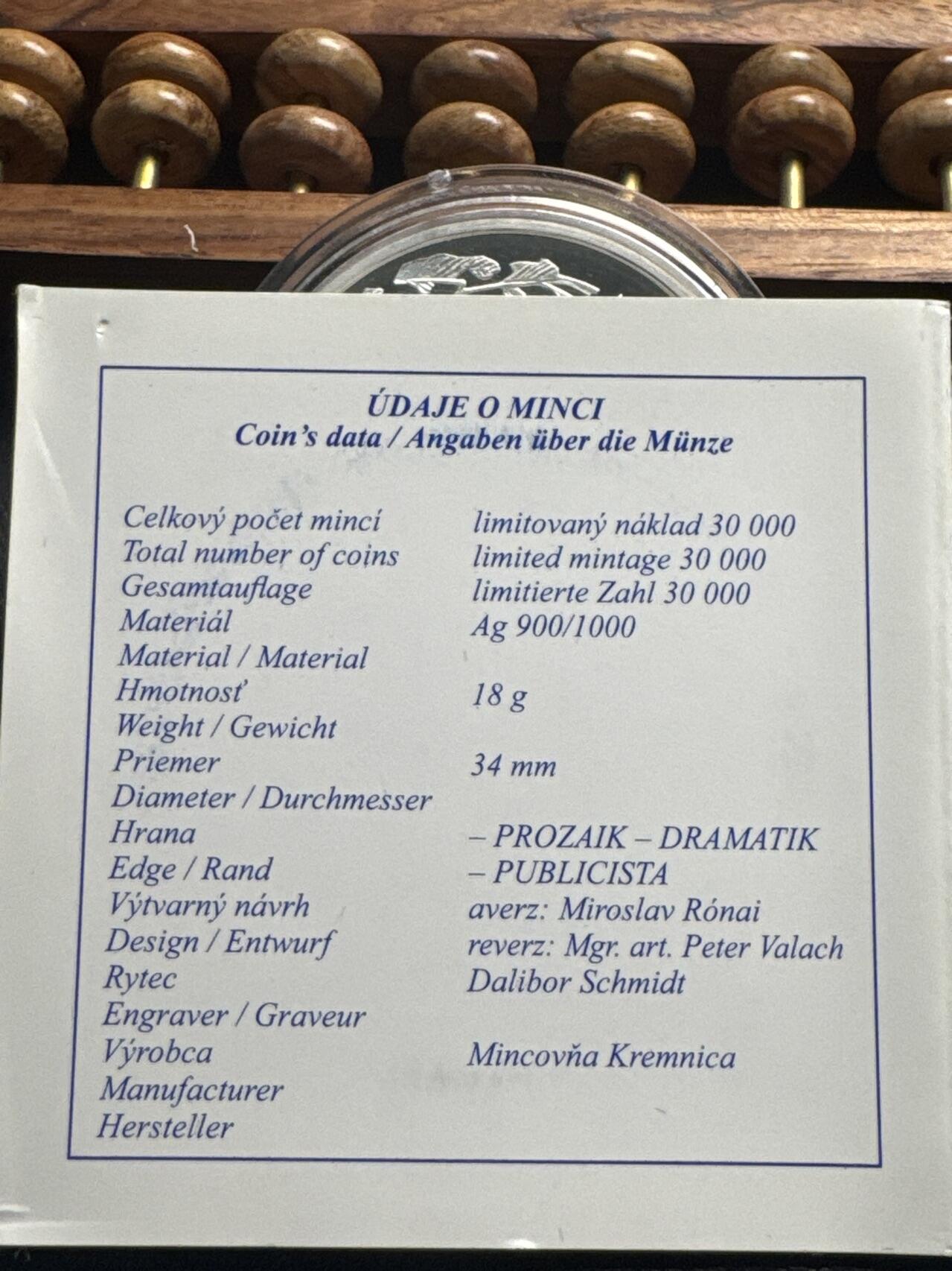 ❤️【币观天下】❤️ 第336期钱币拍卖- 2025.12.26周五晚上6点半场-长期征集拍品 斯洛伐克2010年著名作家马丁库钦诞辰150周年精制纪念银币