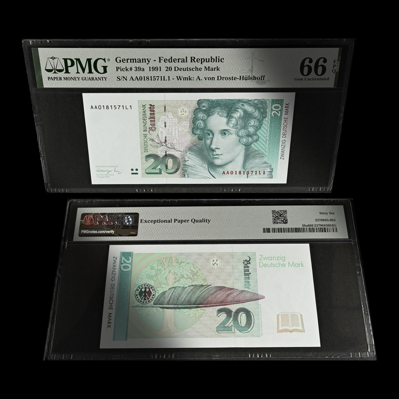 德国1991年20马克AA首发冠PMG66分