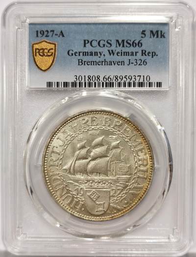 博洋堂世界钱币拍卖第154期（全场包邮） - PCGS MS66 德国魏玛1927年不莱梅港5马克银币，名誉品，淡金包浆，超高分Top!，市面上几乎看不到的品种。