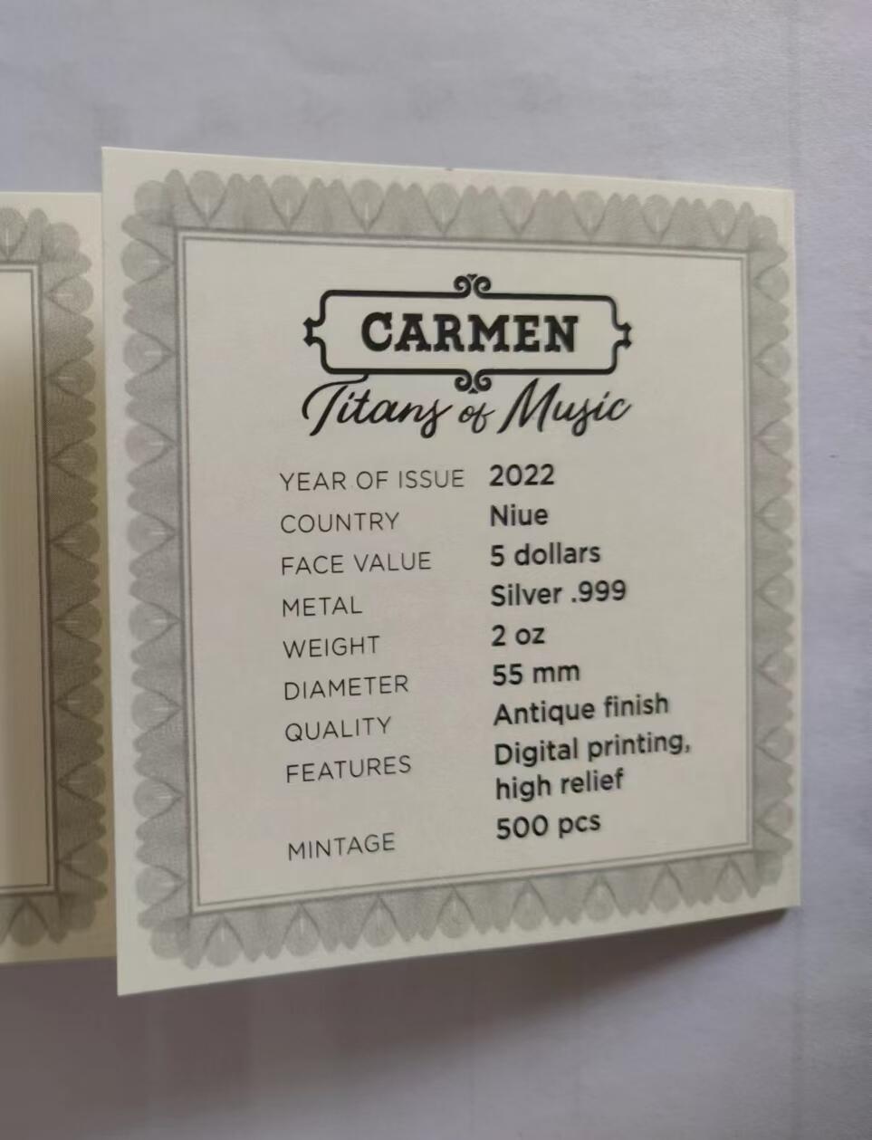 ❤️【币观天下】❤️ 第336期钱币拍卖- 2025.12.26周五晚上6点半场-长期征集拍品 纽埃2022年，世界最著名(比才)歌剧《卡门》，2盎司加大(直径达55mm)，超高、超精浮雕, 仿古、全景、彩色银币. 盒证全. 遵照国际最高银币质量标准制造. 采用“全景”设计，人物与背景充满了画面，超高精细浮雕远、中、近景层次分明，工艺细致. 实物更加立体震撼,非常漂亮. 应景当前巴黎奥运会热门银币. 国外售价350美元
