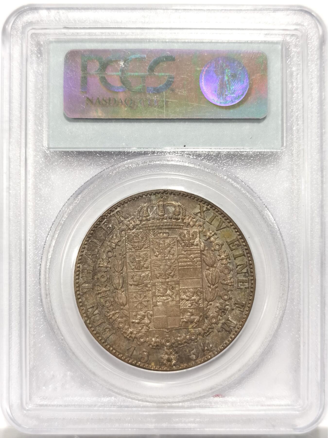 博洋堂世界钱币拍卖第154期（全场包邮） PCGS MS63 德国普鲁士1854年威廉四世盾徽版1泰勒银币