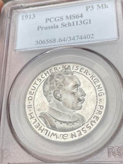 万国钱币拍卖第058期（万国新年大拍） PCGS MS64 1913普鲁士威廉二世3马克铜镀银样币 卡尔哥茨作品 经典设计 原味镜面高浮雕质感 PC老盒典藏级状态