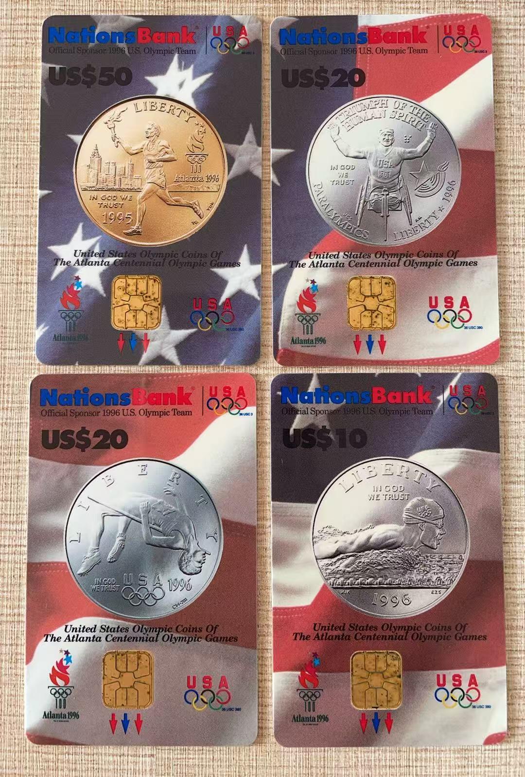 《卡拍》第342期拍卖12月27日晚22：10时延时截拍 美国国家银行VISA Cash现金卡《96亚特兰大奥运会（五）金银币系列》四全IC卡，芯片有氧化，中上品。
