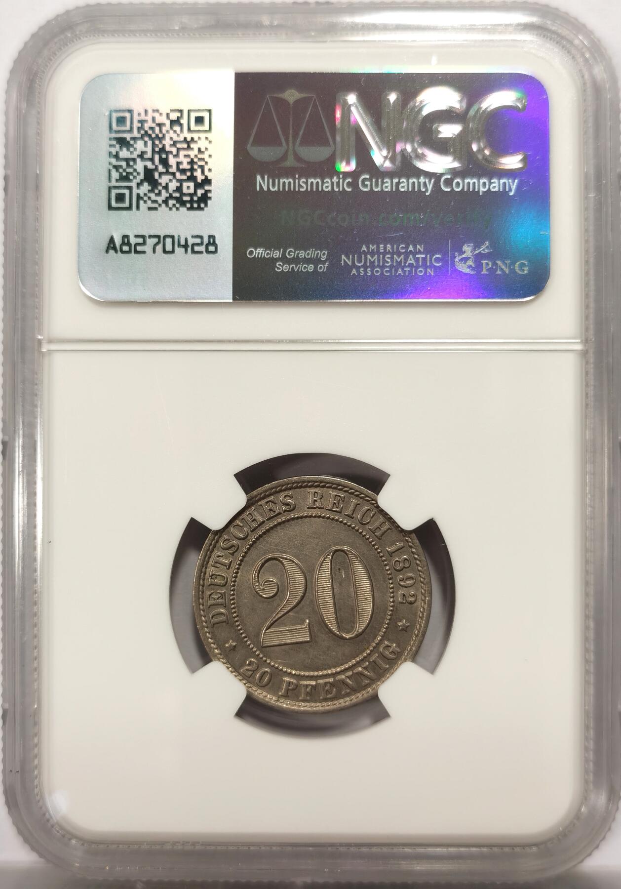 博洋堂世界钱币拍卖第154期（全场包邮） NGC MS63 德国德意志第二帝国1892年20芬尼镍币