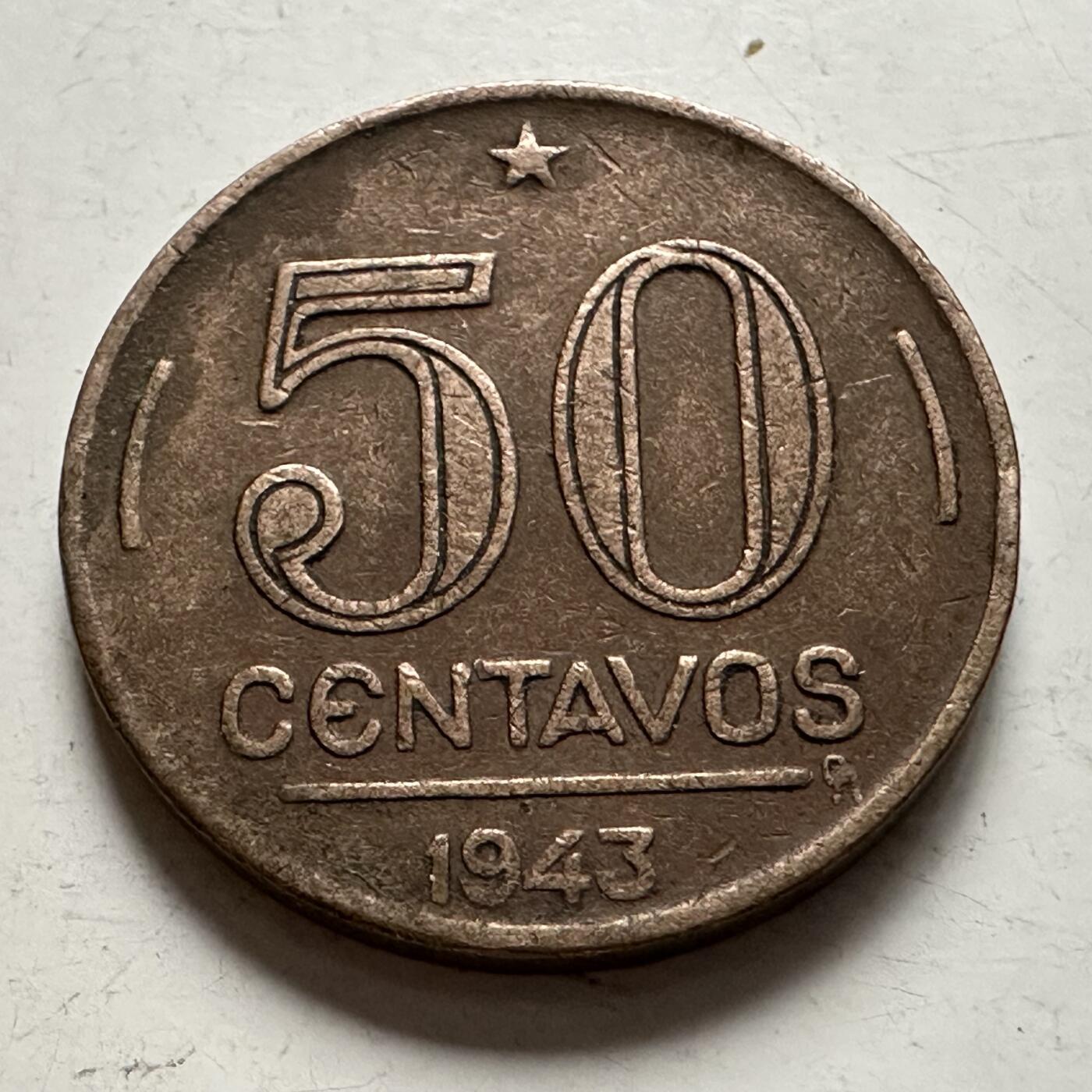 🌹外币初藏🌹🐯2025年第145场  每周二四六晚8️⃣点 接代拍 巴西1943年50分 早期铜镍版