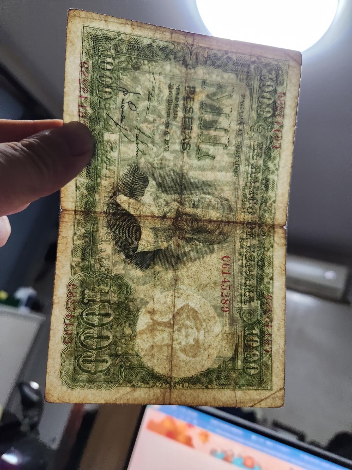 12月24号晚上8点 外国纸币自动截拍第76场 西班牙1000比塞塔 1951年版 