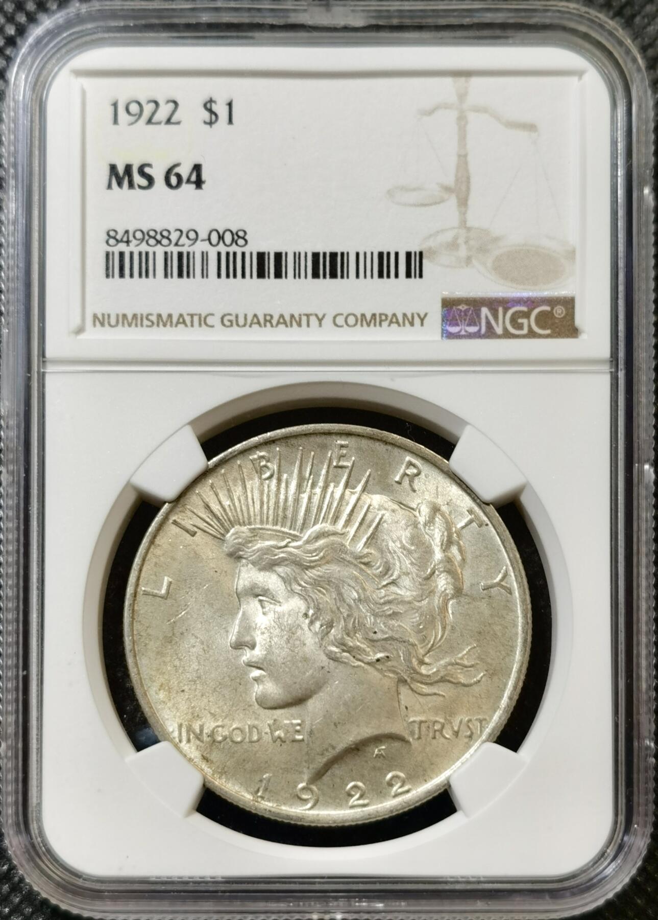 甄臻铺-世界币章拍卖（第45期）精品场拍品征集中，送拍享返佣金等优惠多多 NGC-MS64 美国1922年和平一元银币，双面淡黄油包浆，原光好品