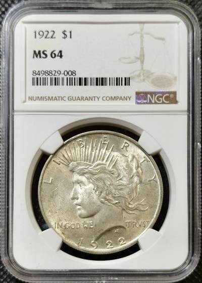 甄臻铺-世界币章拍卖（第45期）精品场拍品征集中，送拍享返佣金等优惠多多 - NGC-MS64 美国1922年和平一元银币，双面淡黄油包浆，原光好品