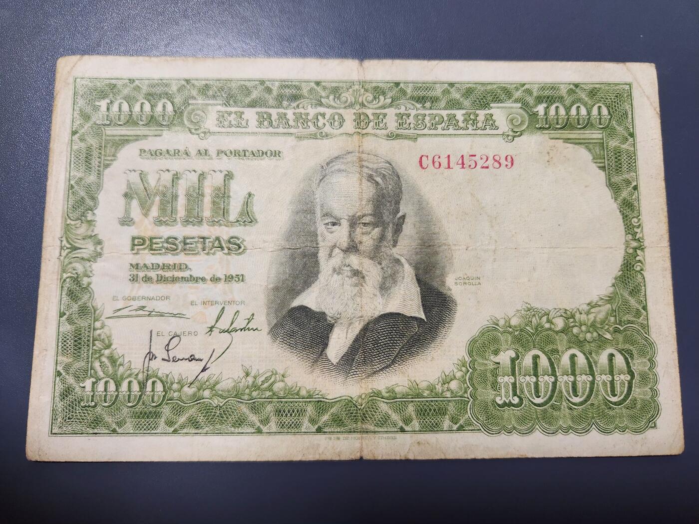 12月24号晚上8点 外国纸币自动截拍第76场 西班牙1000比塞塔 1951年版 