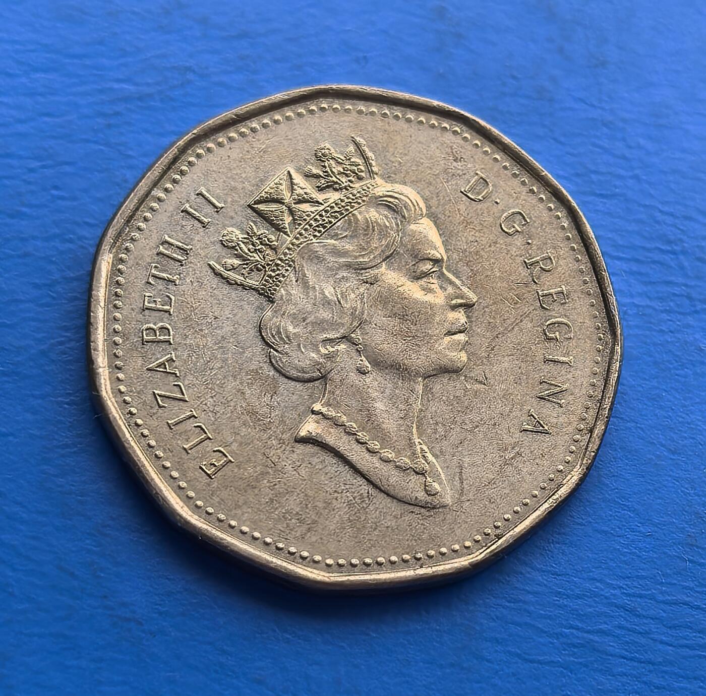 外国优质老铜币高银银币，周六九点倒数截拍，满百包邮，持续收拍 加拿大1993 年壹元潜鸟币，正面是伊丽莎白二世王冠肖像，背面经典潜鸟图案，诠释加拿大自然与君主文化。