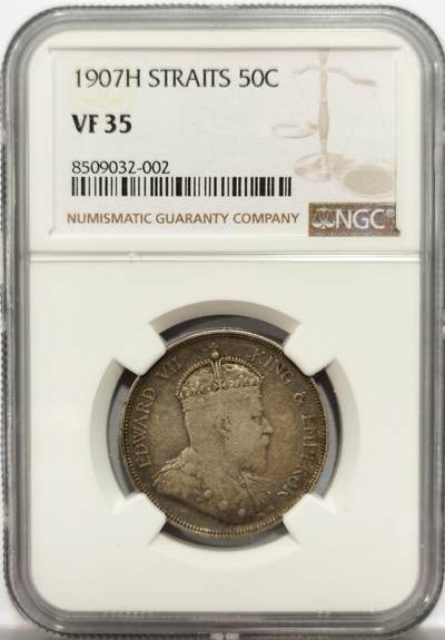 博洋堂世界钱币拍卖第154期（全场包邮） - NGC VF35 海峡殖民地1907H爱德华七世半圆银币，包浆一流