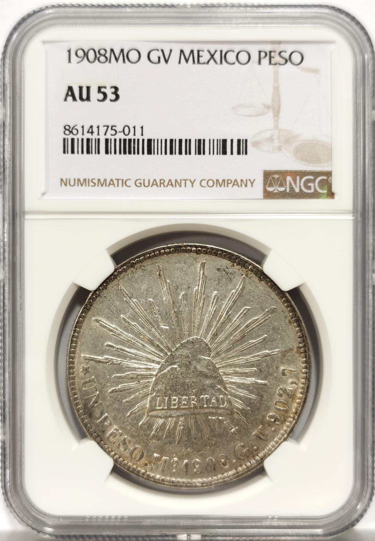 博洋堂世界钱币拍卖第154期（全场包邮） NGC AU53 墨西哥直边鹰洋1908MO GV 带光