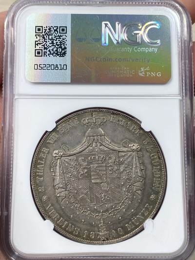 万国钱币拍卖第058期（万国新年大拍） NGC MS61 1840年德国萨克森-魏玛-爱森纳赫流通纹章2泰勒 首年发行1.9万枚的小邦名誉品种 好品极难 原味孔雀绿油彩包浆浮雕质感 
