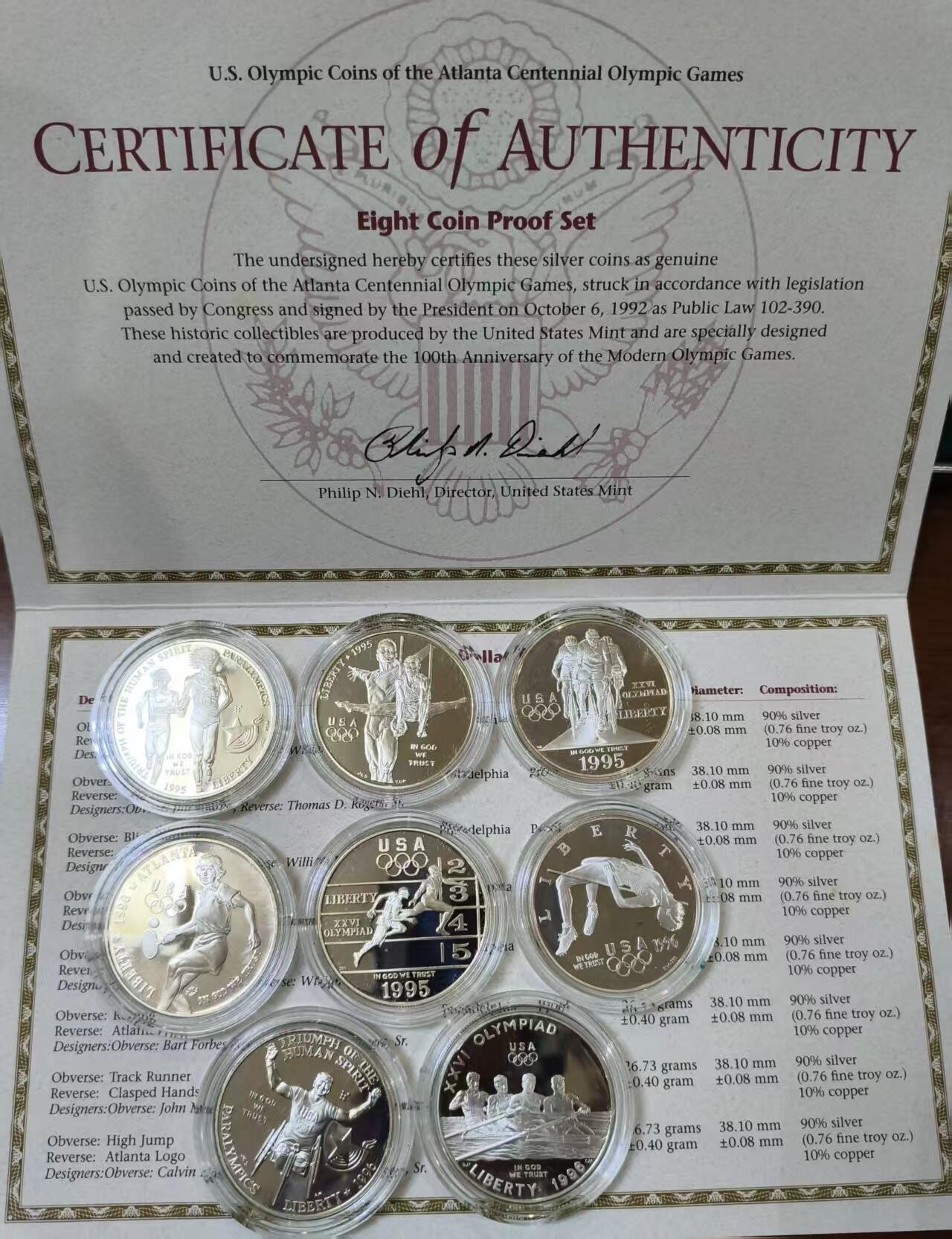 ❤️【币观天下】❤️ 第336期钱币拍卖- 2025.12.26周五晚上6点半场-长期征集拍品 美国1996年亚特兰大奥运会既奥运百年一美元精制套币 含一套8枚精制银币+一枚体操铝制纪念章，盒证齐全