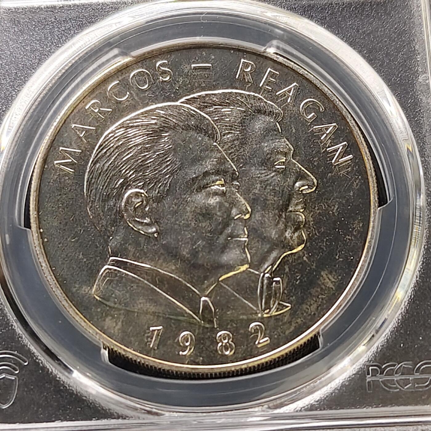 【全场包邮】纯粹捡漏拍489场（免费代拍第26场） 【少见】菲律宾1982年25比索马科斯和里根纪念银币-量8000-PCGS MS63PL