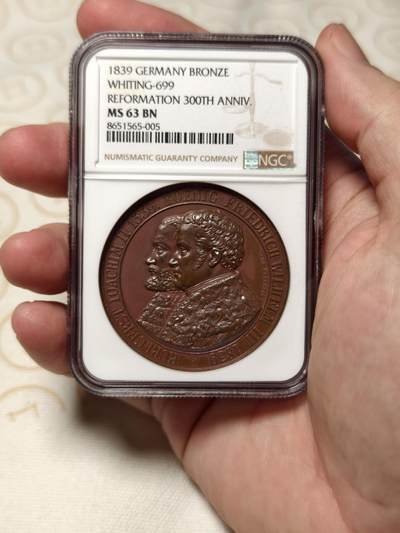 抚柳草堂-第四期章牌钱币（圣诞专场） 奖章勋章限时免佣 满百包邮 放漏专场 - 1839 NGC MS63BN 德国年普鲁士新教改革三百年纪念铜章 加厚盒 状态一流 正面雕刻腓特烈威廉三世与约阿希姆二世